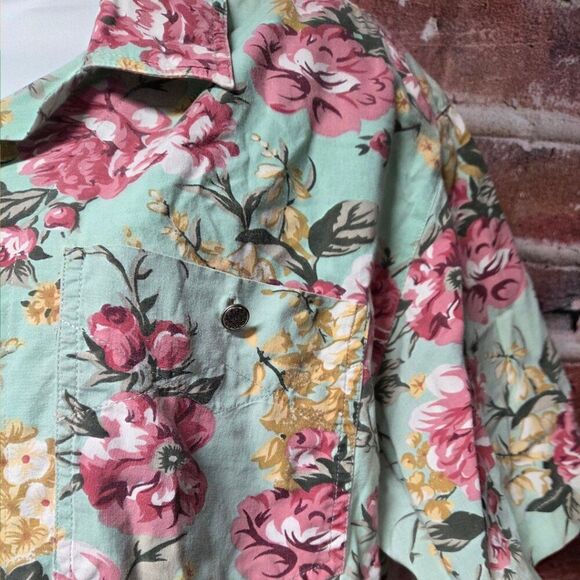 Vintage 90s CM Company Hawaiian Shirt Large Green Pink Floral Button Down V Neck - Picture 5 of 7